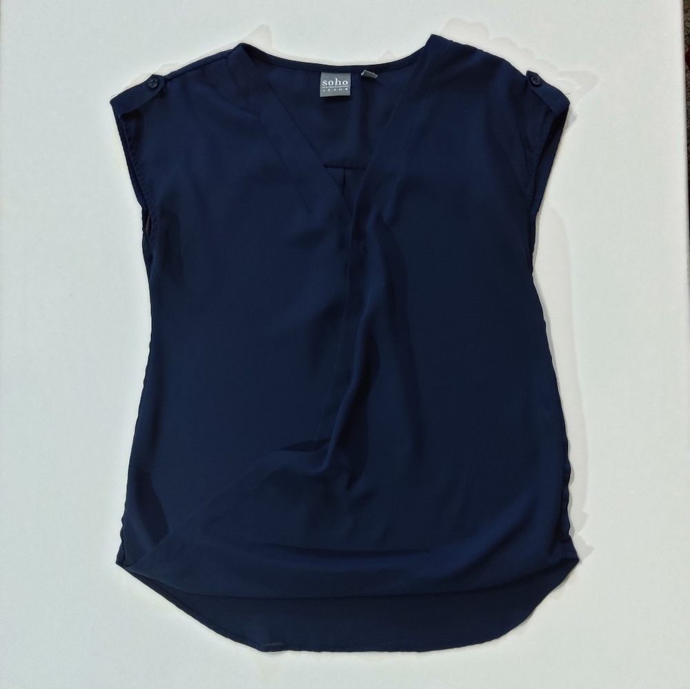 Soho Blouse Womens XS Navy Blue V-neck Lightweight Wrap Front Minimalist Office